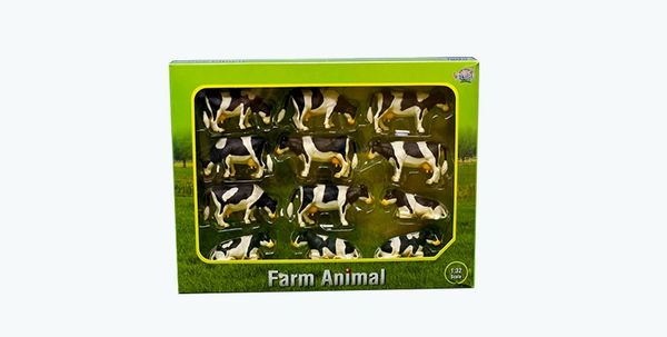 KIDS GLOBE 1:32 SCALE 12 PACK OF BLACK AND WHITE CATTLE 571929