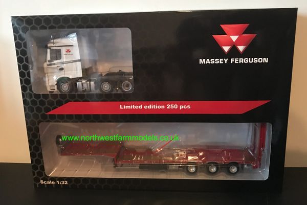 MARGE MODELS 1:32 SCALE MERCEDES BENZ ACTROS 6X2 WITH NOOTEBOOM TRAILER - MASSEY FERGUSON EDITION LIMITED EDITION