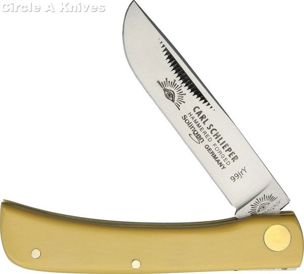 GERMAN EYE BRAND - CLODBUSTER #99 {LARGE} - ETCHED BLADE - 4 5/8 CLOSED -  YELLOW HANDLES