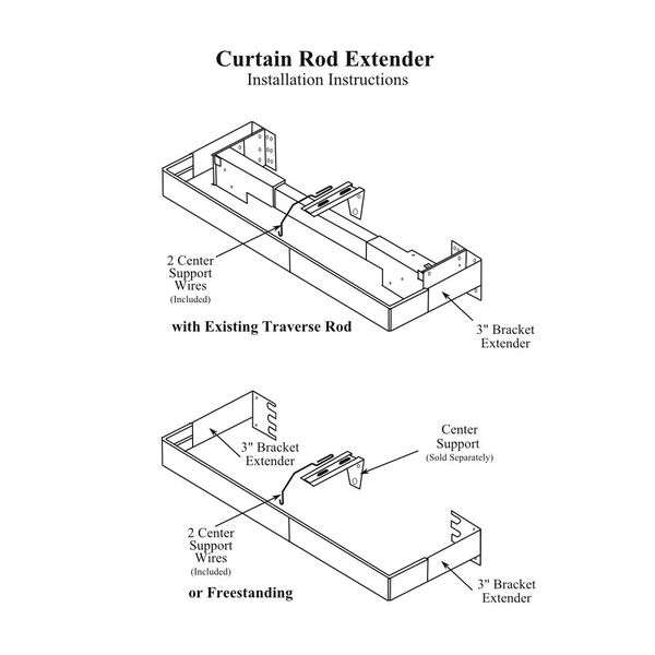 VALANCE CURTAIN ROD EXTENDER KIT ~ 1 Pair BRACKETS with 2 Wire CENTER SUPPORTS