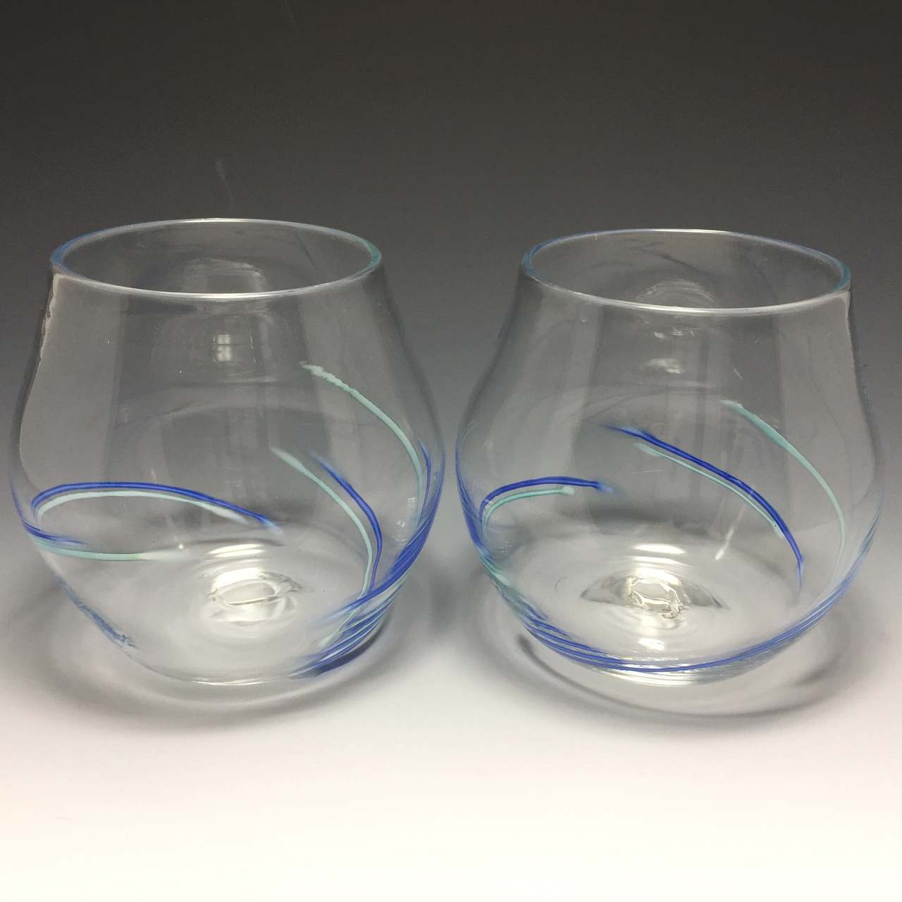 Blue latticino stemless wine glass hand blown by Alex Kalish