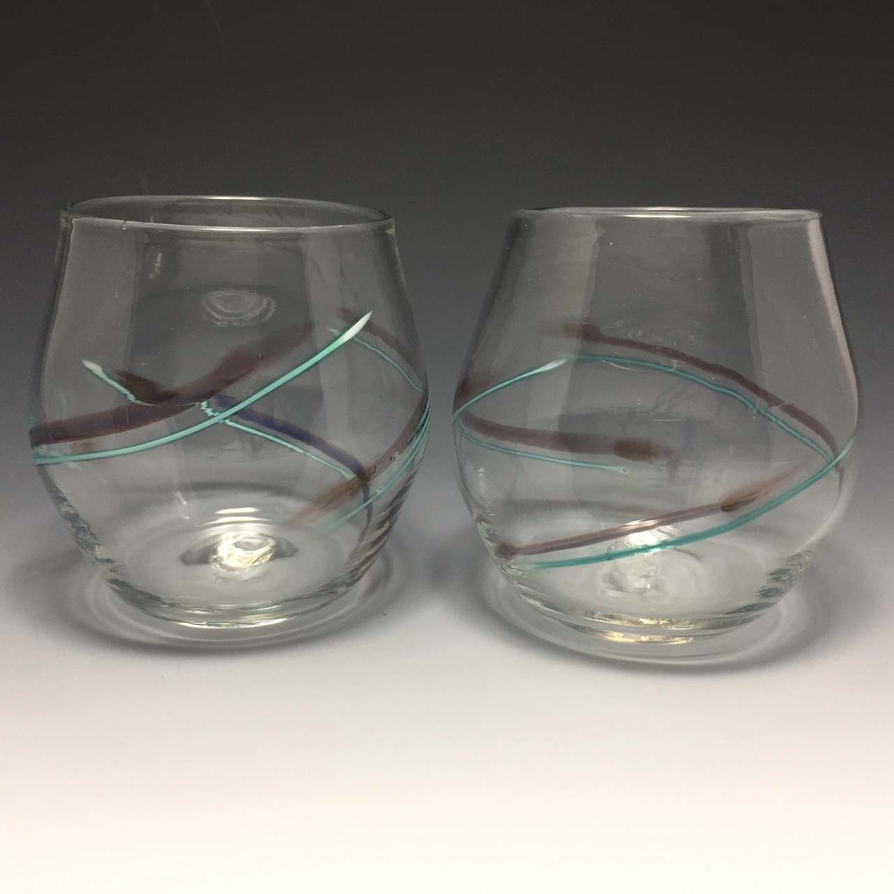 Purple latticino stemless wine glasses hand blown by Alex Kalish