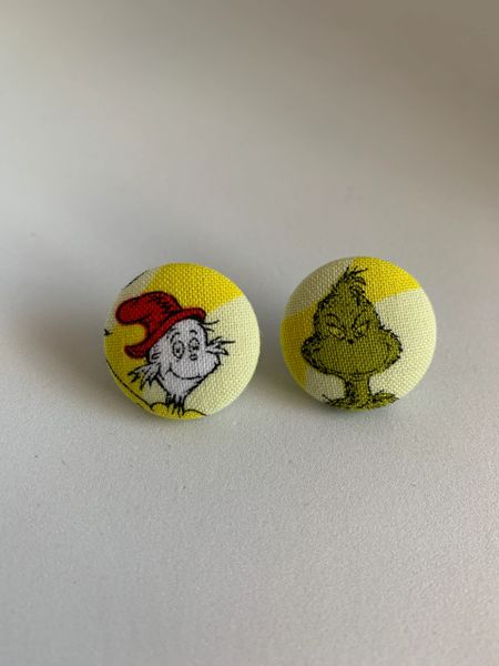 Dr Seuss and Grinch Fabric Button Earrings