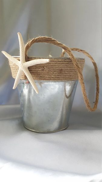 Beach Wedding Flower Girl Basket Starfish Twine Burlap Galvanized Metal Bucket