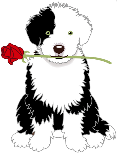 Sketch Image Sheepadoodle Puppy with a Rose in Mouth