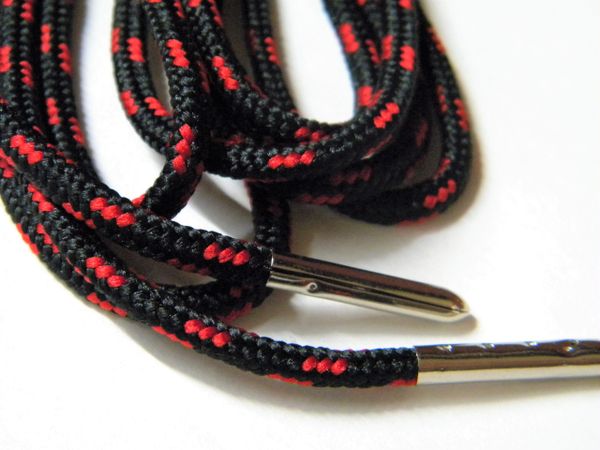 2 pair pack- Black w/ Red, Silver Steel Tips, Durable Polyester boot laces