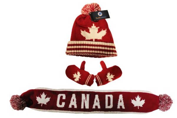 CANADA Maple Leaf - KID'S Winter Set : TOQUE HAT , SCARF , GLOVES.. Ages : 2 - 4 Years