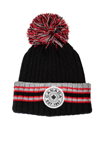 CANADA EST. 1867 BLACK With RED - GRAY Stripes WINTER HAT With POM POM