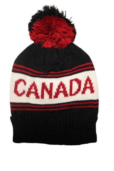 CANADA Black With Red Stripes TOQUE HAT With POM POM