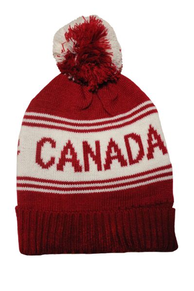 CANADA Red With White Stripes TOQUE HAT With POM POM