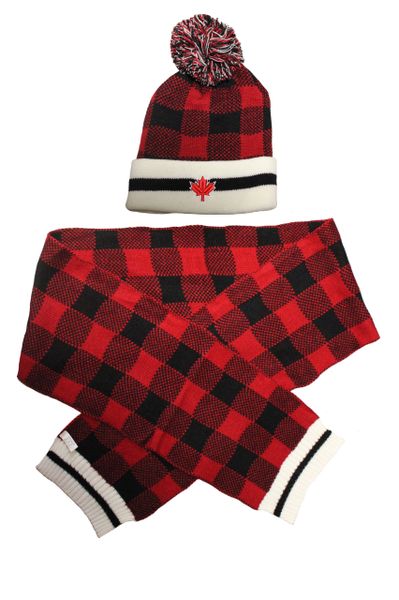 CANADA MAPLE LEAF Black - Red Set : TOQUE HAT With POM POM & SCARF