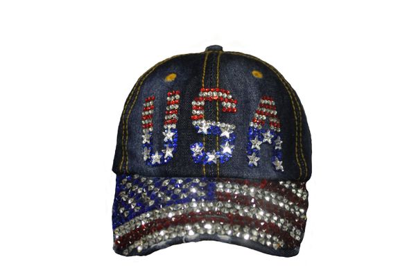 USA COUNTRY FLAG DENIM RHINESTONE STUDDED HAT CAP