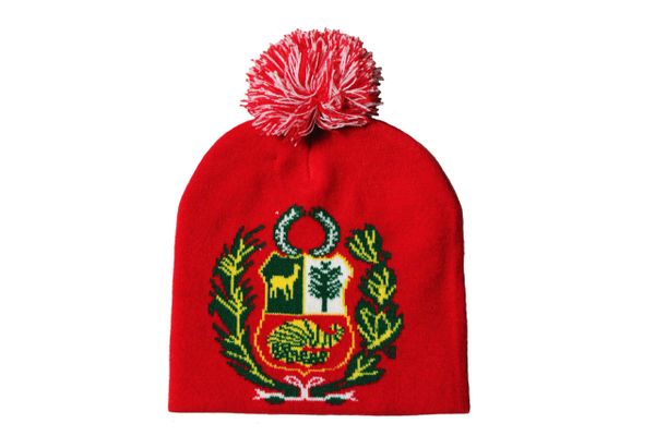PERU Red Country Flag Logo BEANIE HAT With POM POM