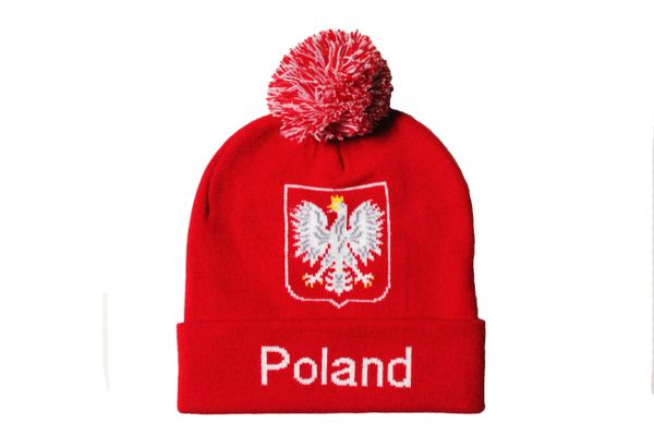 POLAND Red With TITLE & Country Flag EAGLE Logo TOQUE HAT With POM POM