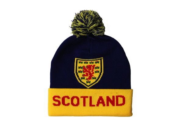 SCOTLAND Blue Yellow , TITLE & Country Flag Logo TOQUE HAT With POM POM