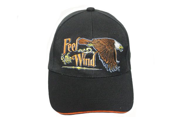 FEEL THE WIND FLYING EAGLE Black Embroidered HAT CAP With Velcro Strap For Adjustment.