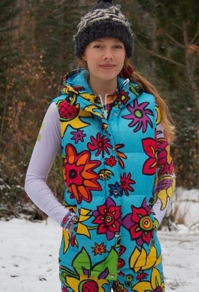 SPRING FLOWERS TURQUOISE DOWN HOODED FULL ZIP VEST