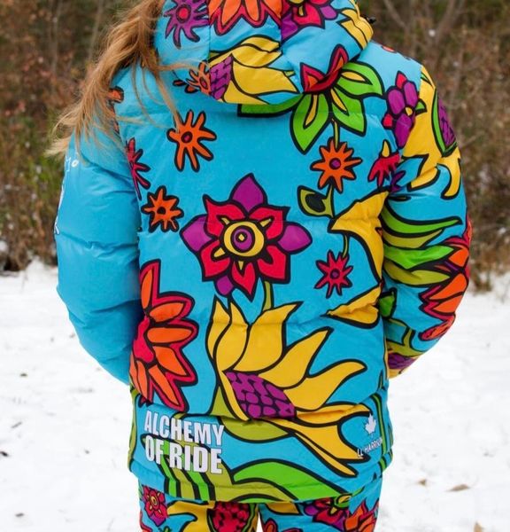 SPRING FLOWERS TURQUOISE DOWN HOODED FULL ZIP OVERSIZED JACKET