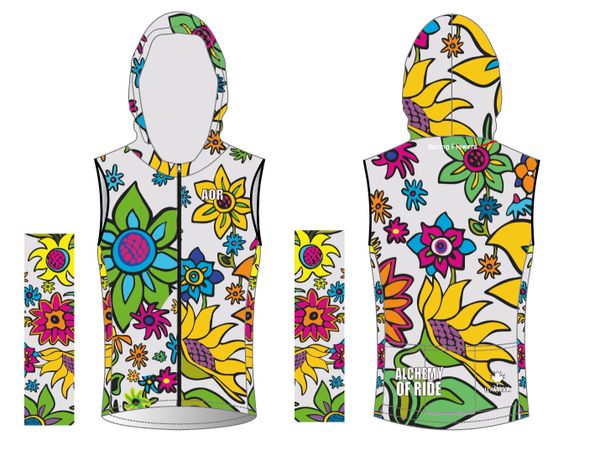 WHITE Spring Flowers thermal RIDING vest with scuba neck and hood with three pocket rear