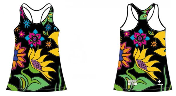 BLACK Spring Flowers Ladies Racer Back Tank with invisible side zip pocket RECYCLED FABRIC 50 SPF