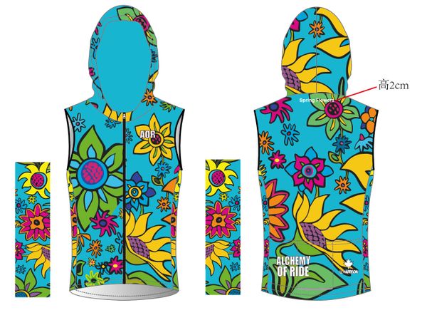 TURQUOISE SPRING FLOWERS THERMAL HOODED SCUBA NECK VEST with three pocket rear