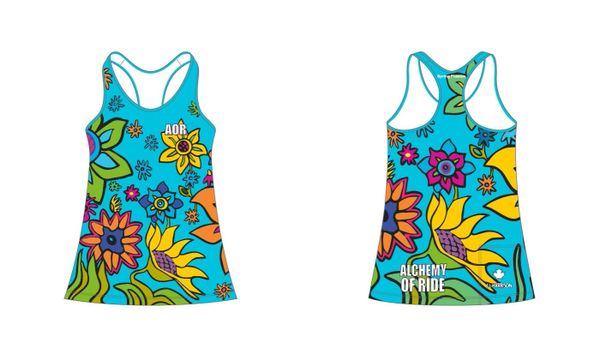 TURQUOISE Spring Flowers Ladies Racer Back Tank with invisible side zip pocket RECYCLED FABRIC 50 SPF