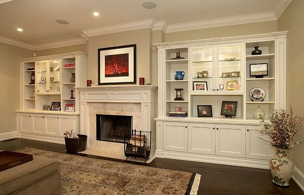 Book shelves on either side of Fireplace.