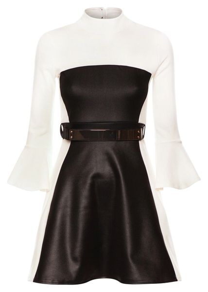 Womens Faux Leather Bell Sleeves Fit and Flare Dress