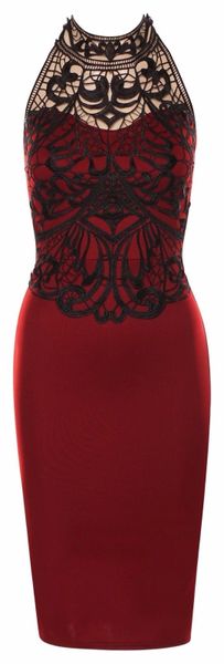 Womens Maroon Red Embroidered Halter Dress, BodyCon Midi Dress