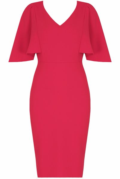 Womens Bell Sleeves V Neck Midi Dress Fuschia