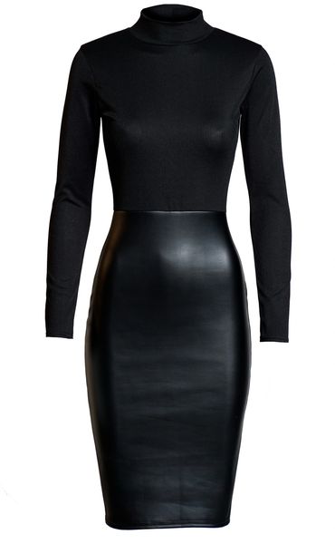 Womens Faux Leather Mixed Media Black Dress