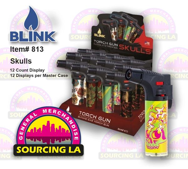 5" Blink Skulls Torch- Windproof Adjustable Jet Flame - 12 Count Box