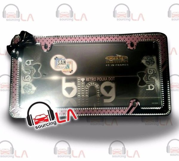 Chrome/Black/Pink Retro Polka Dots Bling License Plate Frame for USA Car-Truck