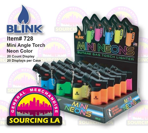20ct Mini Angle Blink Butane Torch Lighter Neon w/ Adjustable Flame Refillable