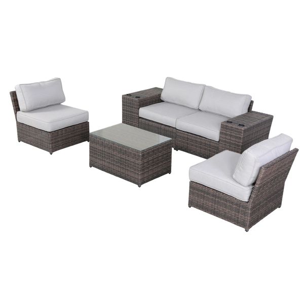 7 Piece Modular Patio Sofa Set with Coffee Table and Olefin Grey Cushions