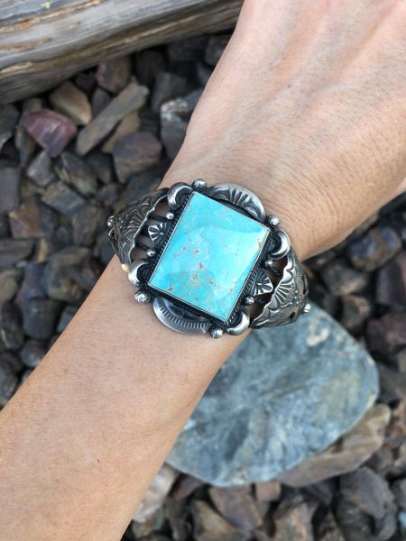 Square Cut Royston Turquoise Bracelet with Hand Stamped Detail | Native ...