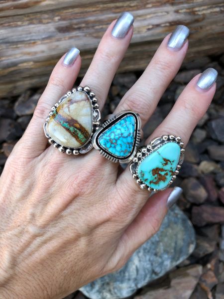 Sterling Silver Soft Blue Royston Turquoise Ring with Beaded Detail ...
