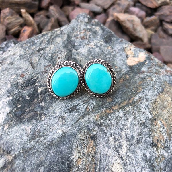 Sterling Silver Handmade Kingman Turquoise Round Stud Earrings Native