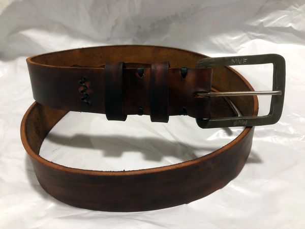 hand crafted leather belt with hand forged buckle