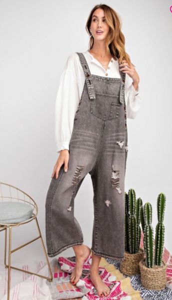 Easel Washed Black Denim Loose Fit Romper Overalls