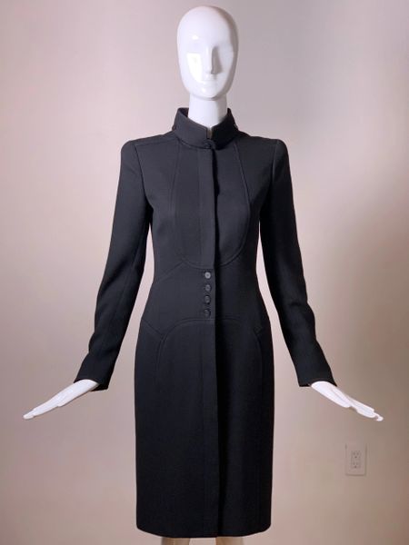 Chanel Black Coat Dress with Removable Nehru Collar and Black CC buttons