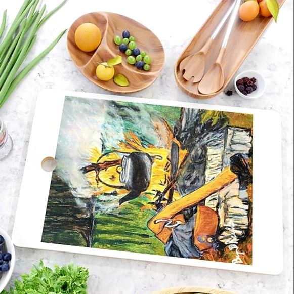 Dining Out Original Campfire Art Drawing Rustic Camping Wall Decor