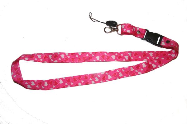 HEARTS PINK BACKGROUND LANYARD KEYCHAIN PASSHOLDER NECKSTRAP .. CLASP AT THE END .. 20" INCHES LONG .. HIGH QUALITY .. NEW