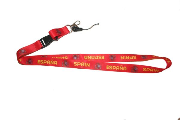 SPAIN ESPANA RED BACKGROUND COUNTRY FLAG LANYARD KEYCHAIN PASSHOLDER NECKSTRAP .. CLASP AT THE END .. 20" INCHES LONG .. HIGH QUALITY .. NEW