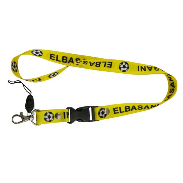 "ELBASANI" YELLOW BACKGROUND SOCCER LANYARD KEYCHAIN PASSHOLDER NECKSTRAP .. CLASP AT THE END .. 20" INCHES LONG .. HIGH QUALITY .. NEW
