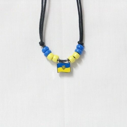 UKRAINE WITH TRIDENT COUNTRY FLAG SMALL METAL NECKLACE CHOKER .. NEW AND IN A PACKAGE