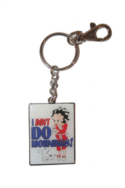 " I DON'T DO MORNINGS!" BETTY BOOP LICENCED PICTURE METAL KEYCHAIN .. NEW AND IN A PACKAGE