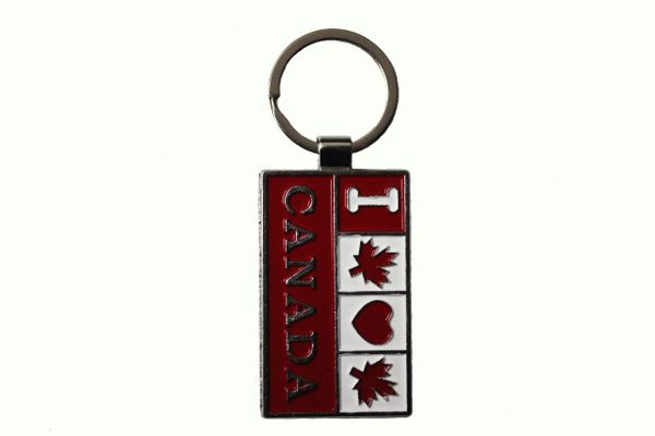 I LOVE CANADA , MAPLE LEAVES Rectangle Shape Metal KEYCHAIN.. Size : 1.4" x 2.2" Inch