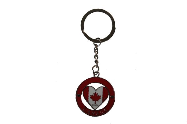 HEART - CANADA Flag With TITLE In Ring Metal KEYCHAIN