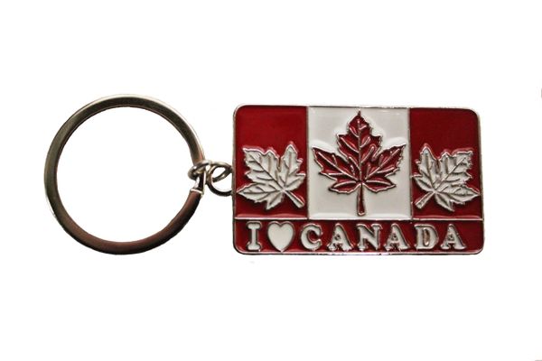 I LOVE CANADA , 3 MAPLE LEAVES METAL KEYCHAIN .. Size : 2 x 1.2 Inch